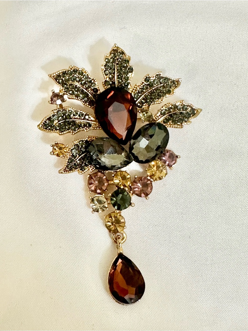 Vintage-Inspired Gold Tone Multicolored Crystal Floral Drop Brooch